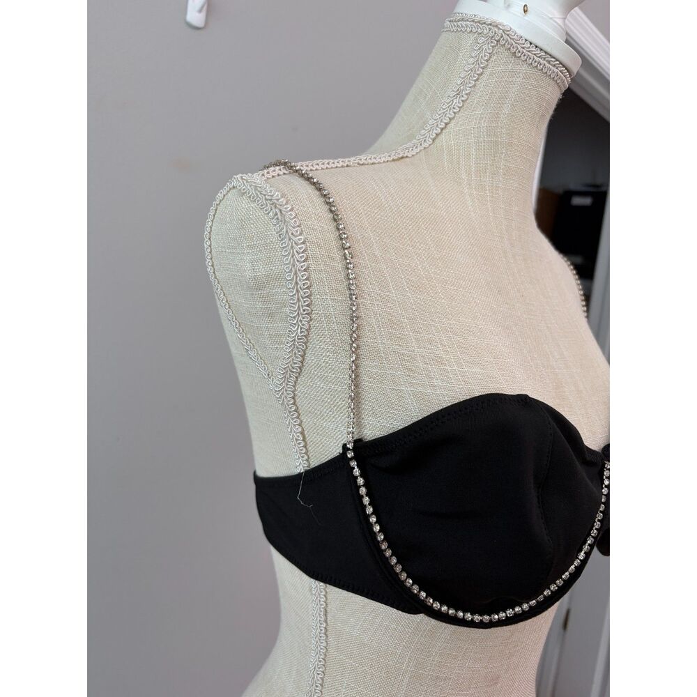 Y2K Black Rhinestone Strap Underwire Bralette Crop Top Large Club Wear Festival